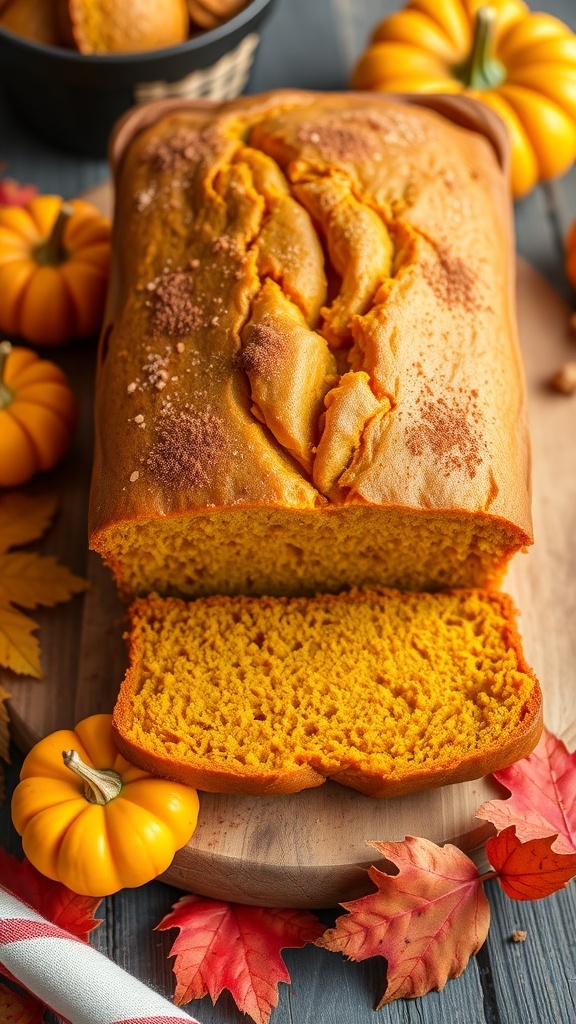 Amish Pumpkin Bread Recipe A golden loaf of pumpkin bread on a wooden board, surrounded by autumn decorations.